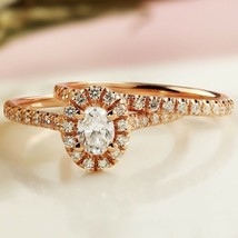 1.50CT Oval Simulated Diamond Rose Gold Plated Halo Engagement Wedding Ring Set - £79.95 GBP