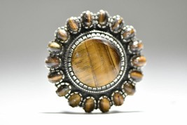 Tiger Eye ring flower Boho tribal Big round sterling silver women Size 7 - $156.42