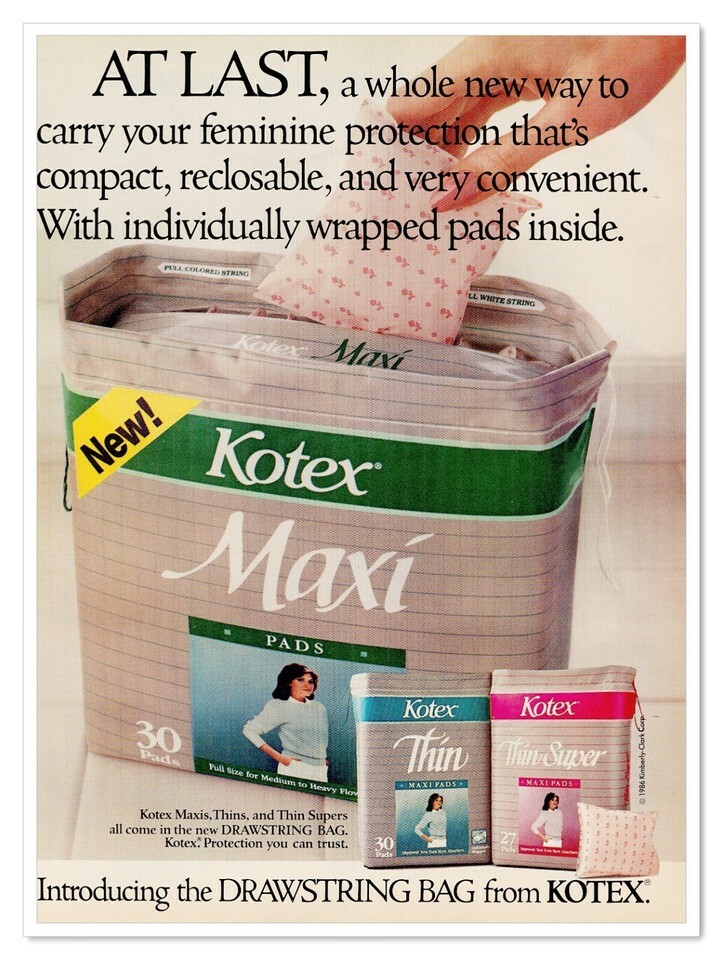 Print Ad Kotex Menstrual Pads Drawstring Bag Vintage 1987 Magazine Adver... - $9.70