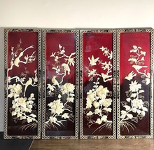 VTG Asian Mother of Pearl Shell Birds Lacquer Panels Chinoiserie Painting Art - £184.07 GBP