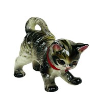 Cat Kitten Figurine vtg porcelain 1950s Japan anthropomorphic gray Christmas bow - £23.70 GBP