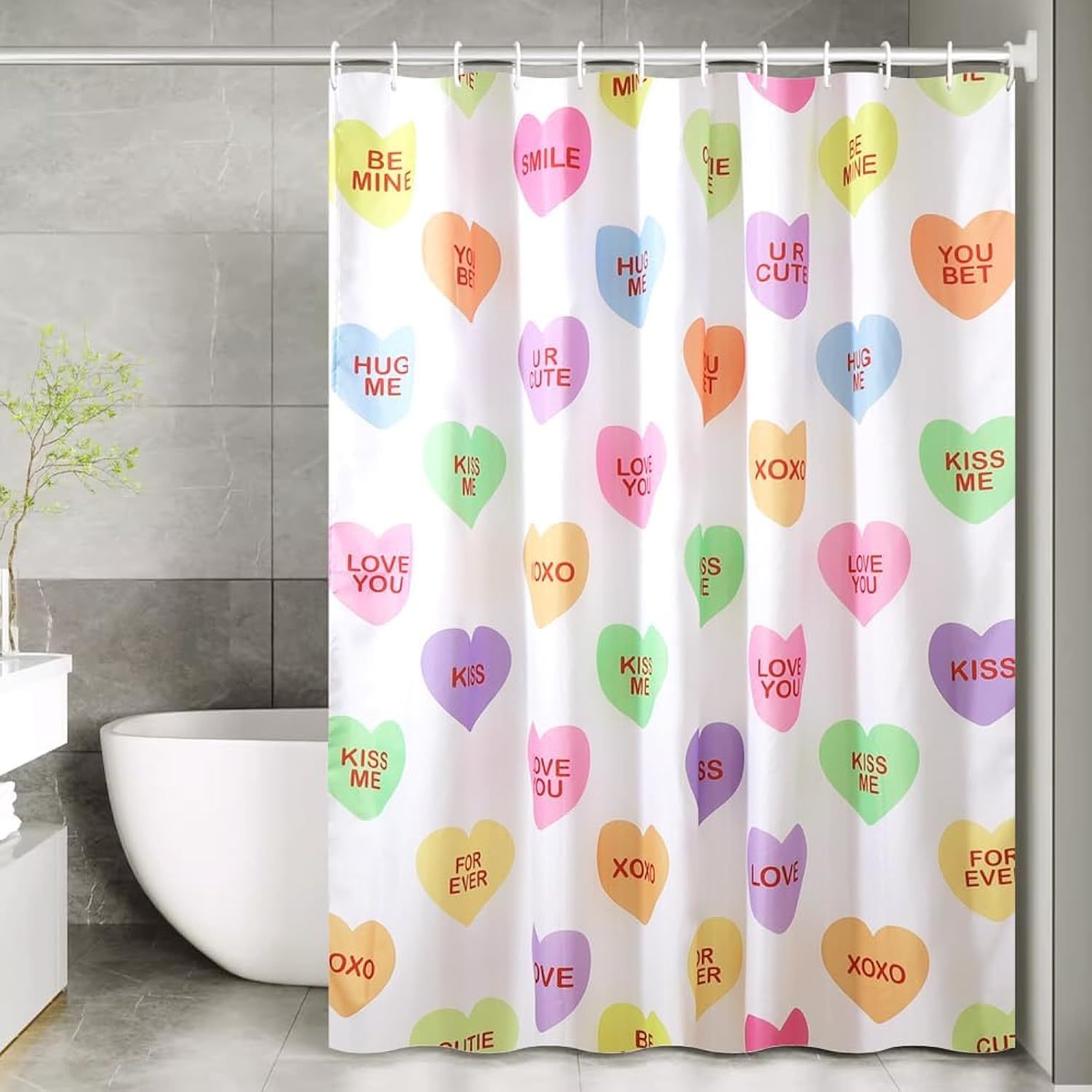 Valentines Shower Curtain, Valentines Day Decor Candy Heart Shower Curtain, Colo