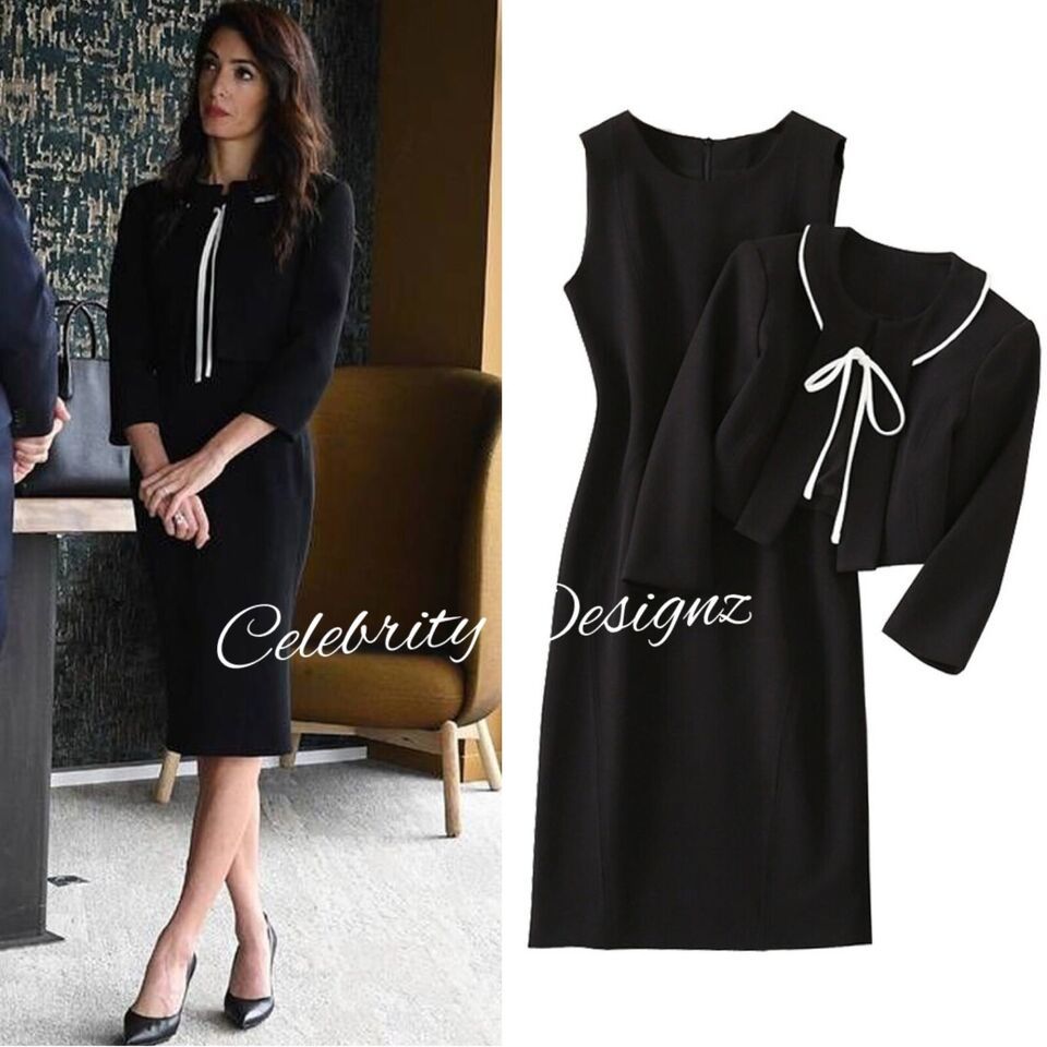 Celeb Amal Clooney Cocktail Crop Jacket & Sleeveless Black Sheath Dress Set AUS
