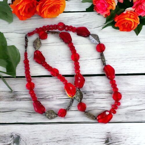 Primary image for Cherry Red Glass Beaded Necklace Strand Witch Statement Silver Tone Sparkly Goth