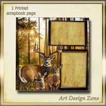 3 Deer in the Woods Scrapbook Page -1 Buck, 1 Doe, 1 Fawn - Fall Background - $15.00