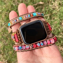 Imperial Jasper Stone Bracelet for Apple Watch Band Boho Beads 3 Wrap Wax Rope W - £24.62 GBP