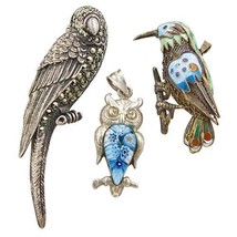 VINTAGE STERLING SILVER, GLASS &amp; ENAMEL 3 BIRD BROOCHES - PARROT, OWL, B... - £149.93 GBP