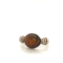 Vintage Sterling Modern Oval Honey Baltic Amber Stone Cabochon Solitaire Ring 6 - £30.86 GBP