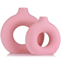 Pink Decor Set Of 2 - Circle Hollow Vase, Modern Matte Ceramic Vase For Entryway - £43.95 GBP