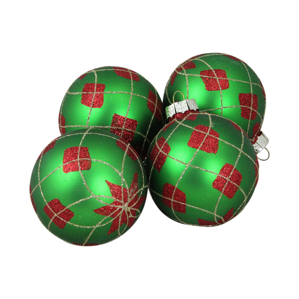 3.25" (80mm) 4ct Green and Red Argyle Diamond Pattern Christmas Ball Ornaments