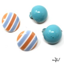 Two Pairs of Vintage Button Clip On Earrings - Stripes &amp; Solid - 3/4&quot; - ... - £11.06 GBP