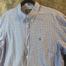 Ralph Lauren Dress Shirt Mens 17.5 36/37 Blue Plaid Classic Fit Button U... - $13.89