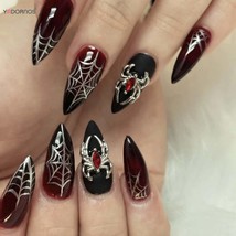 Halloween 3D Metal Spider Designs Almond Black Red Press on Nails - €10,45 EUR