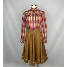 Vintage 1980s Dress Plaid Ruffle Pink Brown Full Skirt Small High Collar... - £26.67 GBP