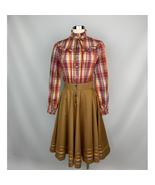 Vintage 1980s Dress Plaid Ruffle Pink Brown Full Skirt Small High Collar... - £26.68 GBP
