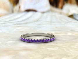 925 Silver Natural Amethyst Round Stone Half Eternity Simple Women Band Ring - £46.58 GBP