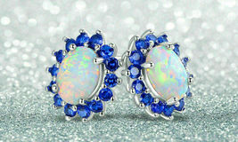 3.00Ct Oval Cut Fire Opal &amp; Sapphire Halo Stud Earrings In 14K White Gold Finish - £62.50 GBP