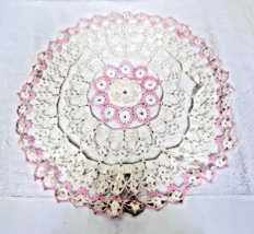 Handmade Grandma Core Crochet Pink Floral Doily 14" Need Cleaning - $9.41