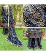 Pakistani Navy Blue Straight Style Embroidered Sequins Chiffon Sharara D... - $167.31