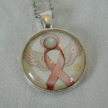 Breast Cancer Awareness Ribbon Silver Tone Cabochon Pendant Chain Necklace Round - £2.39 GBP