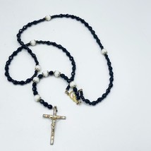 Black Glass Beaded Chain Rosary Necklace Cross Pendant made in Italy - $24.74