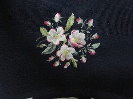 &#39;needlepoint Chair - Pillow Cover&quot; - Finished Vintage - Black With Floral Center - $24.89