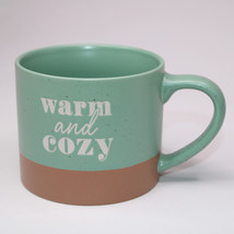 Warm And Cozy Coffee Mug Mint Green And Brown White Lettering Stoneware ... - $215.46 MXN