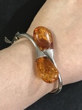 Vintage Antique Sterling Silver Amber Cuff Bangle With Safety Chain 7” Wrist - £138.68 GBP
