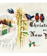 Merry Christmas Greeting Card 1916 Happy New Year Embossed Birds Swallow... - $27.22 CAD