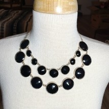 Silver Tone Black Acrylic Necklace Two Strand Faceted 18&quot; - £8.80 GBP