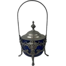 Silverplated Candy Bonbon Dish Cobalt Glass Liner North Wind Face Antique - £73.57 GBP