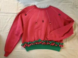 Beautiful Hand~Crafted Cropped Holiday Christmas Sweatshirt Fringe Red/Green Lts - £22.49 GBP
