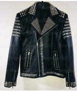 New Men&#39;s Black Stylish Silver Studded Brando Punk Cowhide Leather Jacke... - $349.99