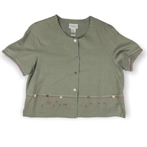 VTG Koret Petites Women&#39;s Gray Green Top Sz 14 Embroidered Buttons  - £18.43 GBP