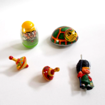 Vintage Toy Lot Haunted House Weeble Tin Turtle Mini Wood Tops Scottish Figure - £22.19 GBP