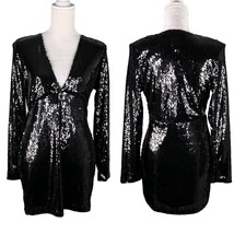 Motel Melana Plunge Neck Bodycon Sequin Dress Black Medium New - £47.01 GBP