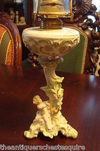 Oil Lamp, c1890s, Meissen/ Dresden encrusted flowers and cherub, ELDORADO Burner - £143.32 GBP