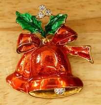 Vintage Costume Jewelry Holly Christmas Bell Enamel Rhinestone Brooch Pin - £15.48 GBP