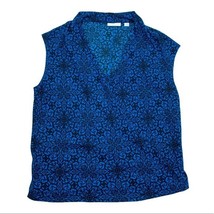 Flowy Sheer Damask pattern blue &amp; black blouse tank top shirt Work busin... - £5.44 GBP