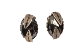 Faceted Jet Earrings Vintage Clip On with Intricate Leaves 1.25 inches - £7.50 GBP