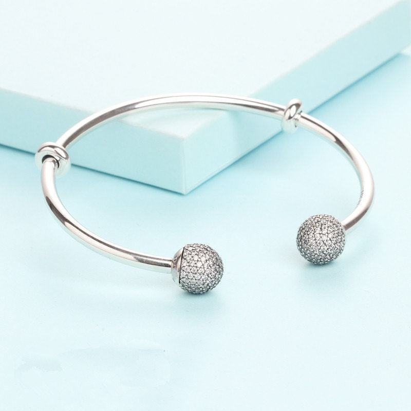 100% Real 925 Sterling Silver Open Bangle Bracelet With Clear CZ Open Bangle