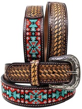 Western Antique Basket Weave Tooled Beaded Full-Grain Leather Belt 26FK54 - £53.77 GBP