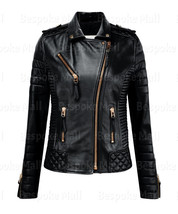 New Handmade Woman&#39;s Black Quilted Zippered Genuine Cowhide Leather Jack... - $148.79+
