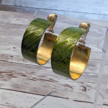 Vintage Clip On Earrings Stunning Statement Green &amp; Gold Tone Chunky Hoops - £13.44 GBP