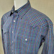 Panhandle Roughstock Pearl Snap Western Shirt Men L Large Blue Plaid Pockets - £17.50 GBP