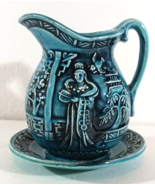 Vintage MINI WATER PITCHER WASH BASIN Bowl Set TEAL TILSO Japan 6.5&quot; - $45.07 CAD