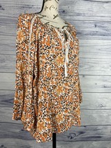 Cynthia Rowley Floral Blouse Womens 1X Keyhole Tie Neck Long Flare Sleev... - $10.35