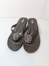 OkaB Flip Flop Jeweled Rhinestone Accent Brown Wedge Slide Sandals Size Large - £16.95 GBP