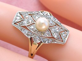 Antique .50 Ctw Old Mine &amp; Rose Diamond 5 Mm Pearl 18K Cocktail Ring 1930 - £1,581.93 GBP