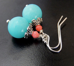Coral, Blue Earrings, Turquoise Jade Dangles, Baby Blue Pastel Pink, Sterling Si - £16.03 GBP
